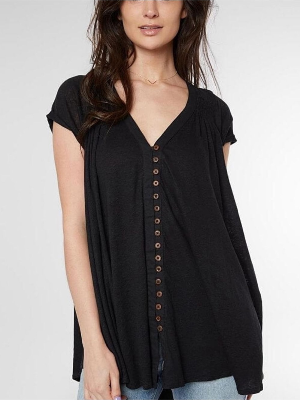 Free People Womens Black Linen Highland Button Front V Neck Tunic Top Size XS